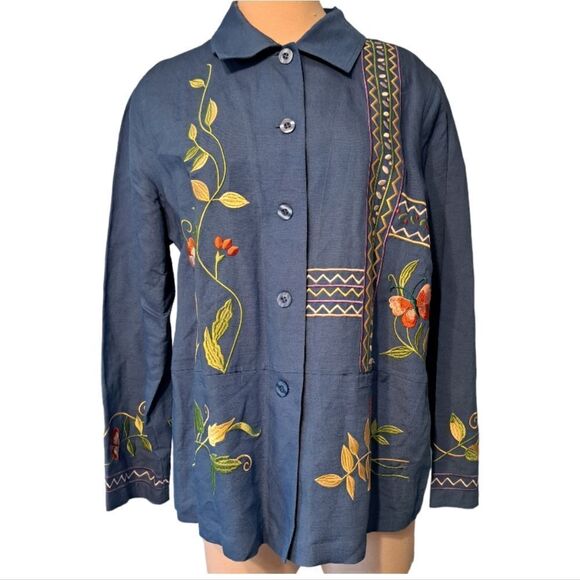 Susan Graver Grannycore Embroidered Linen Floral Butterfly Top Medium Blue/Multi - Picture 4 of 15